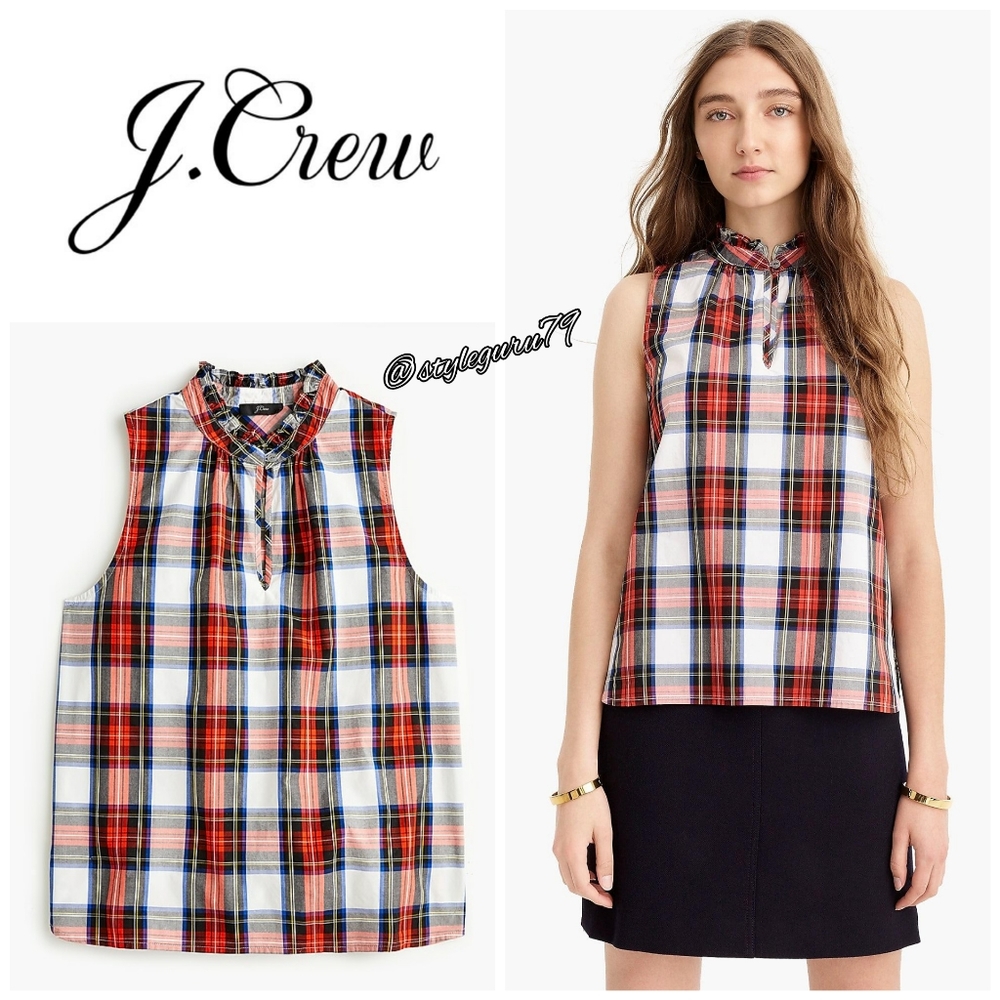 NWT, J. Crew, Tartan Plaid Ruffled Neck Poplin Top